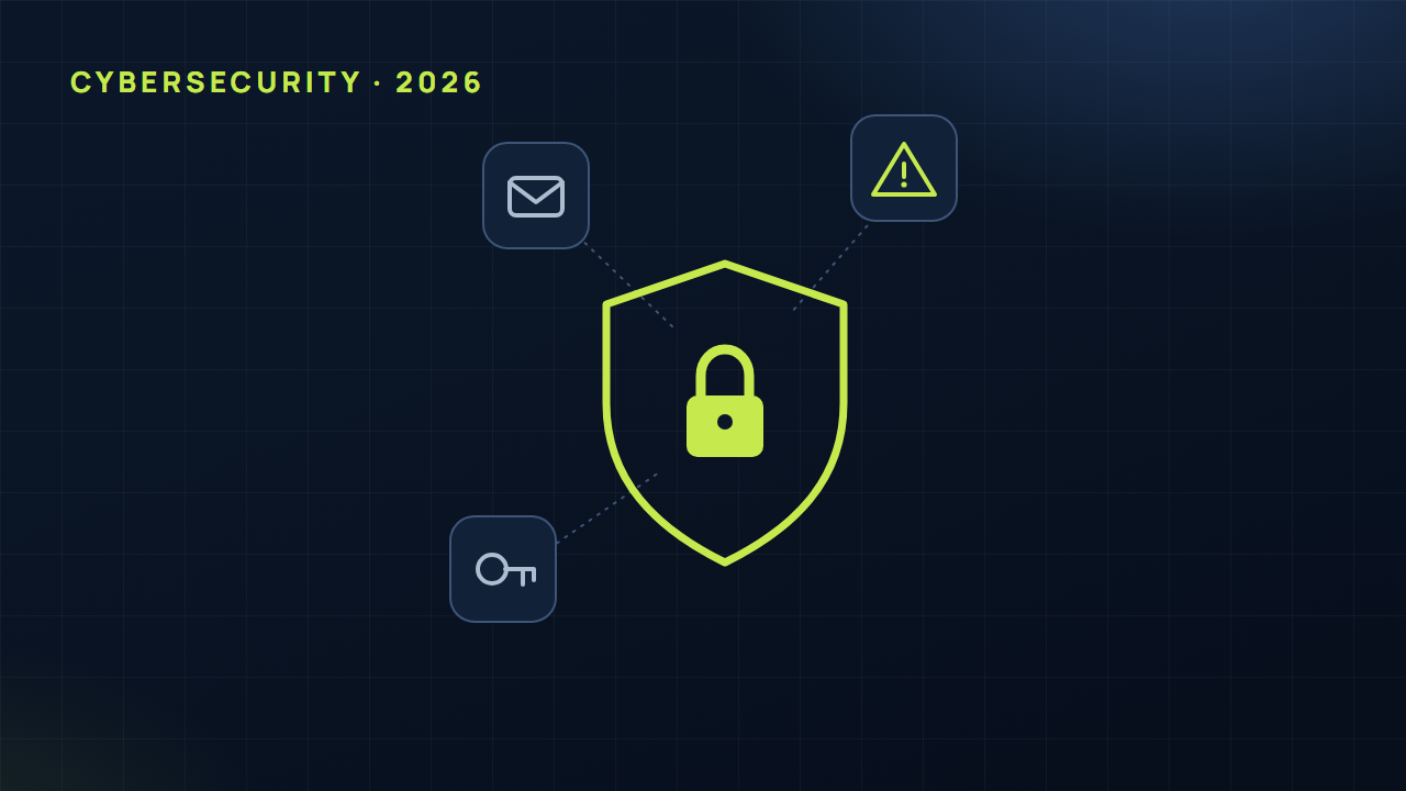 Illustration of a shield and padlock connected to phishing, password and alert icons